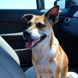 Brown and white dog sitting in a car